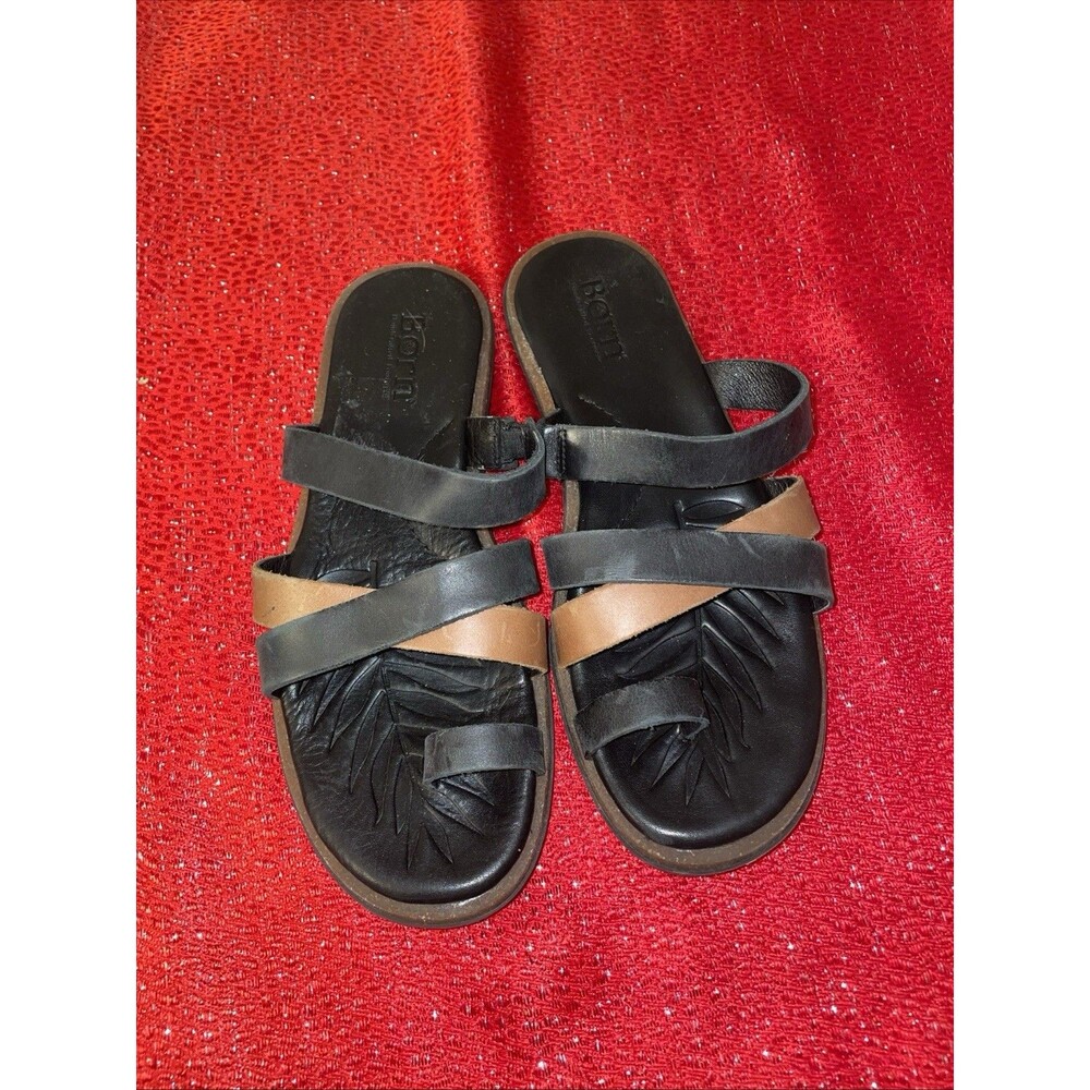 Born Cetina Sandals Womens Size 7 Shoes Black Brown Leather Slip On Thong Toe
